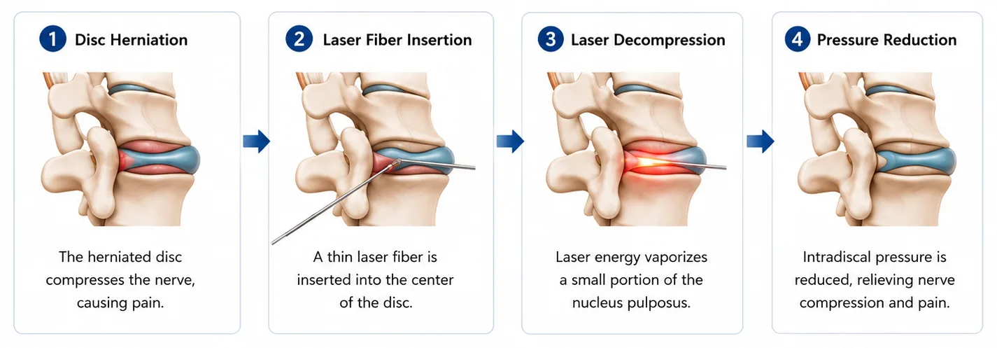 Four-step PLDD procedure: disc herniation compressing the nerve, laser fiber insertion into the disc, laser decompression of the nucleus pulposus, and intradiscal pressure reduction