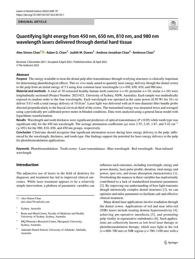 Measurement of Light Energy Transmission Through Dental Hard Tissue at 450 nm, 650 nm, 810 nm, and 980 nm