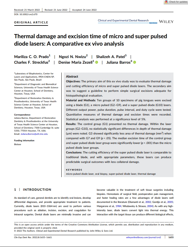 Thermal damage and excision time of micro and super pulsed diode lasers: A comparative ex vivo analysis