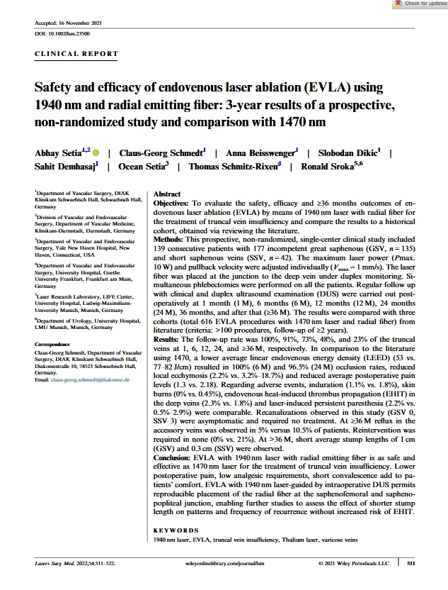1940 nm vs. 1470 nm EVLA: 3-Year Results with Radial Fiber