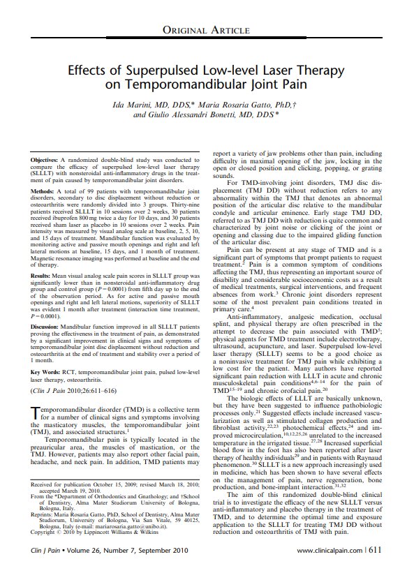 Effects of Superpulsed Low-level Laser Therapy on Temporomandibular Joint Pain